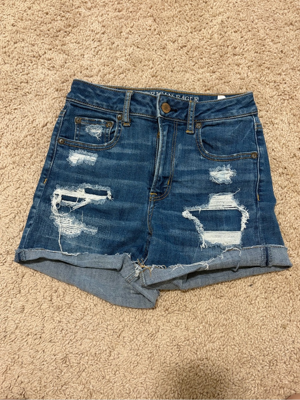 American Eagle Outfitters Distressed Blue Denim Roll-Hem Shorts